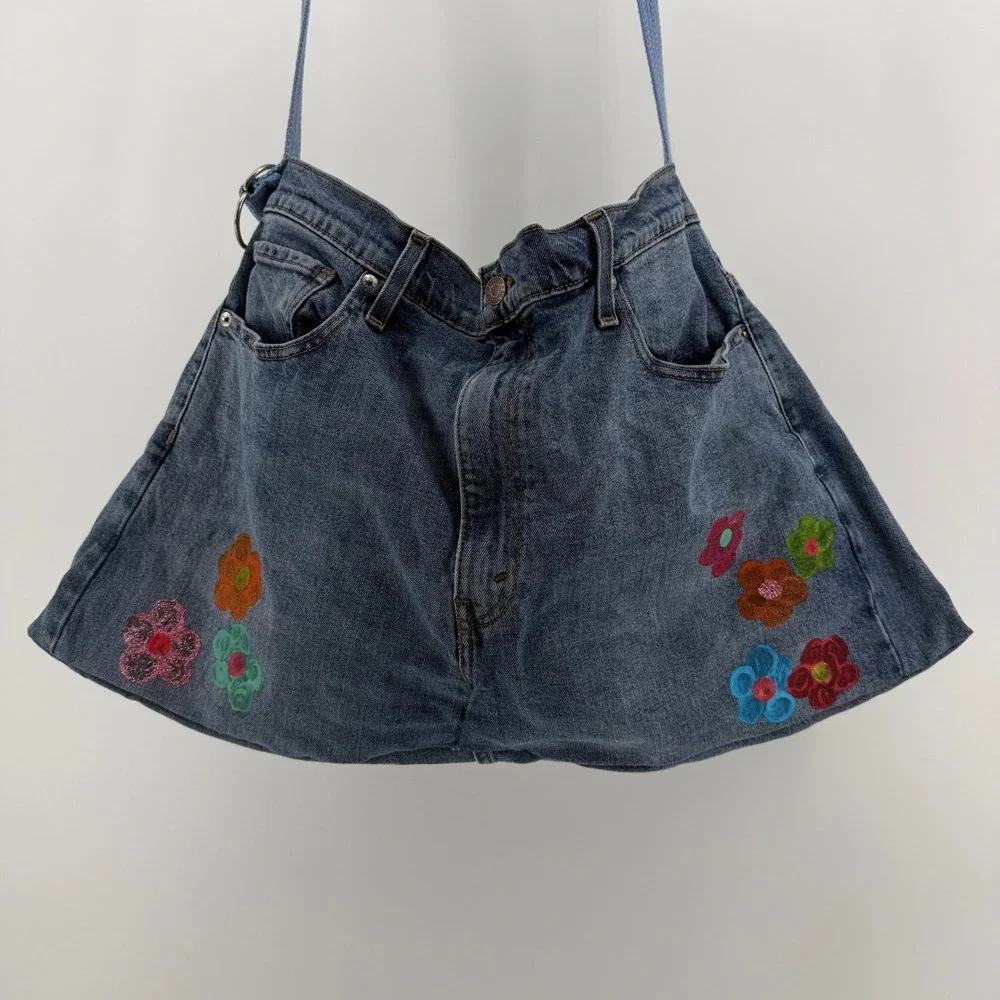 Handmade Levi's Denim Shoulder Bag OOAK Rework Jeans Purse Floral Boho Large 26